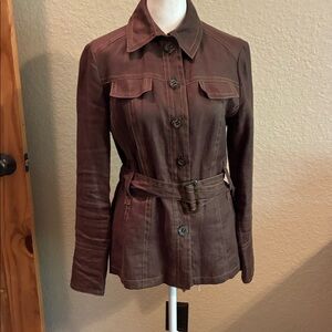 Zara Basic linen-like military jacket.  Brown with tan stitching